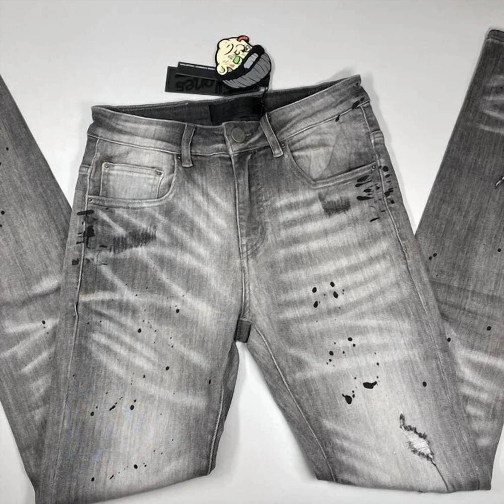 NEW TULONES men’s paint splash two-hole denim skinny jeans in grey